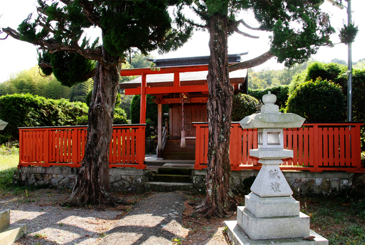 The entrance to the temple complex is marked by trees and stone lanterns.