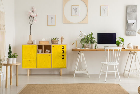 Yellow chest of drawers in the office treated with Osmo Wood Wax Finish in 3105 Yellow