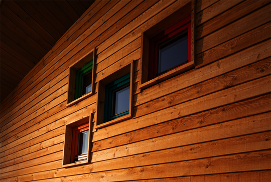 Wooden window frames in various Osmo Country Colour and Natural Oil Woodstain colour mixtures